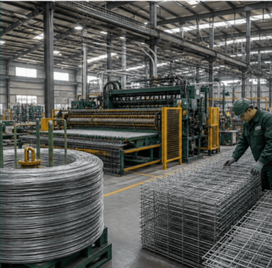 Wire mesh production line with finished welded panels