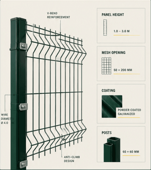 Technical panel diagram with mesh, coating and post details